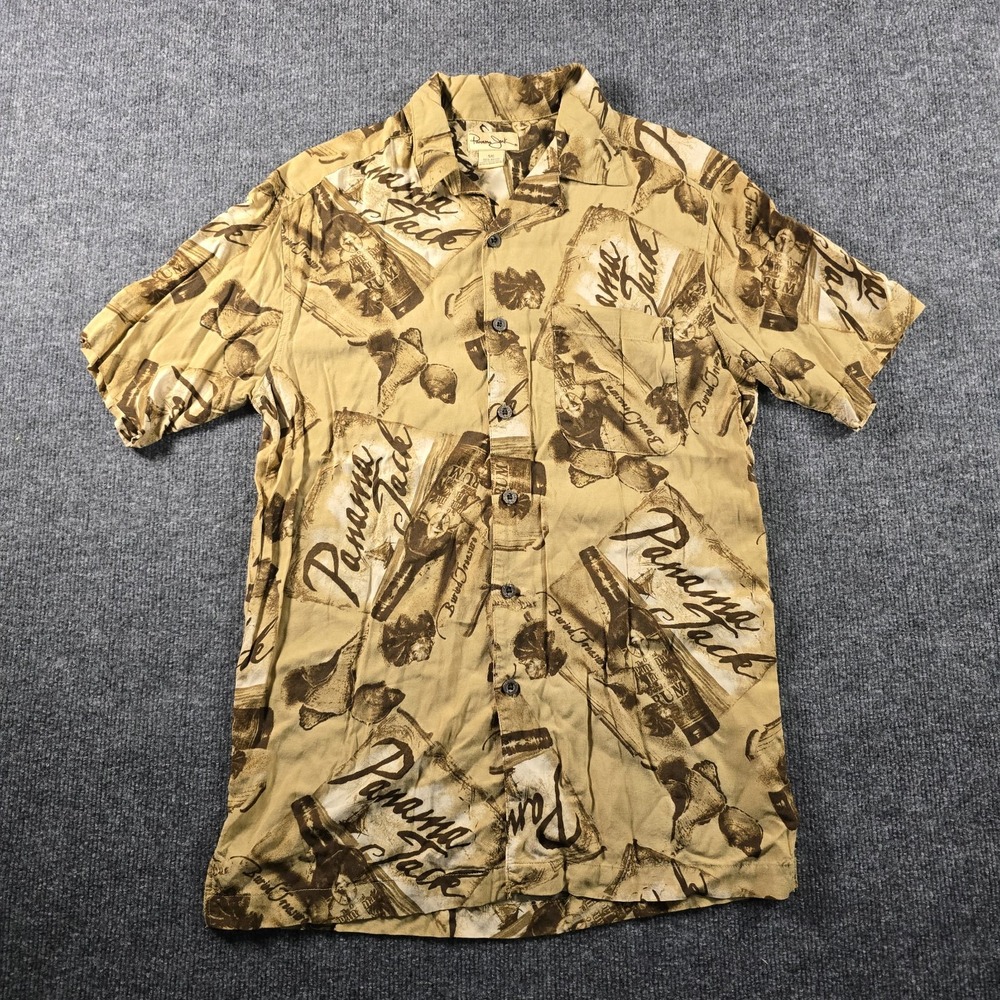 Vintage Panama Jack Men's Hawaiian Shirt Rum Tropical Graphic Rayon Brown Tan S